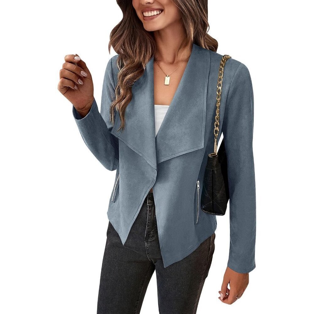 Women's Grey Blue PRETTYGARDEN Faux Suede Jackets Fall Clothes Long Sleeve